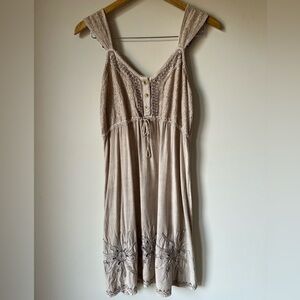 Raya Sun Boho Dress Embroidered Eyelet Tie Waist Tan Brown Size M
